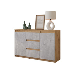 MIKEL - Chest of 3 Drawers and 2 Doors - Bedroom Dresser Storage Cabinet Sideboard - Wotan Oak / Concrete H75cm W120cm D35cm