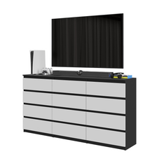 GABRIEL - Chest of 12 Drawers (8+4) - Bedroom Dresser Storage Cabinet Sideboard - Black Matt / White Matt H92cm W180cm D33cm