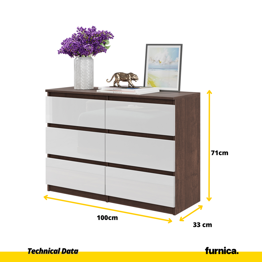 GABRIEL - Chest of 6 Drawers - Bedroom Dresser Storage Cabinet Sideboard - Wenge / White Gloss H71cm W100cm D33cm