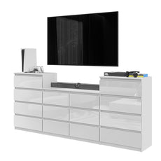 GABRIEL - Chest of 14 Drawers (4+6+4) - Bedroom Dresser Storage Cabinet Sideboard - White Gloss H92cm W220cm D33cm