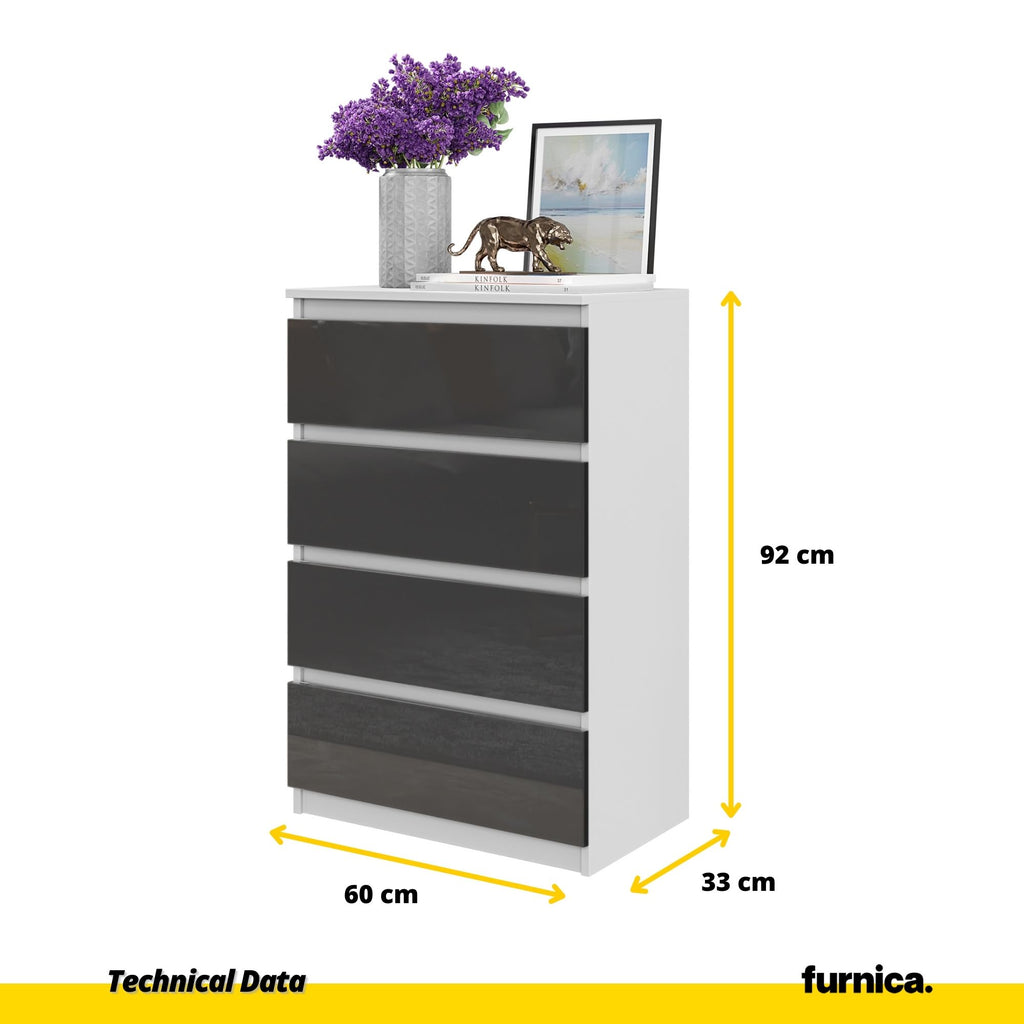 GABRIEL - Chest of 4 Drawers - Bedroom Dresser Storage Cabinet Sideboard - White Matt / Anthracite Gloss H92cm W60cm D33cm