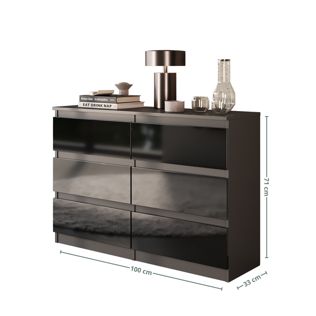 GABRIEL - Chest of 6 Drawers - Bedroom Dresser Storage Cabinet Sideboard - Anthracite / Black Gloss H71cm W100cm D33cm