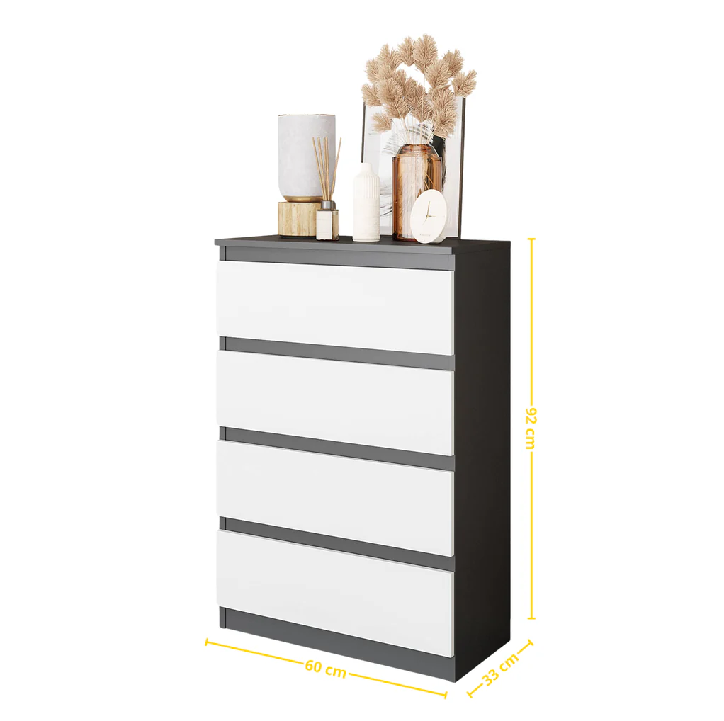 GABRIEL - Chest of 4 Drawers - Bedroom Dresser Storage Cabinet Sideboard - Anthracite / White Matt H92cm W60cm D33cm