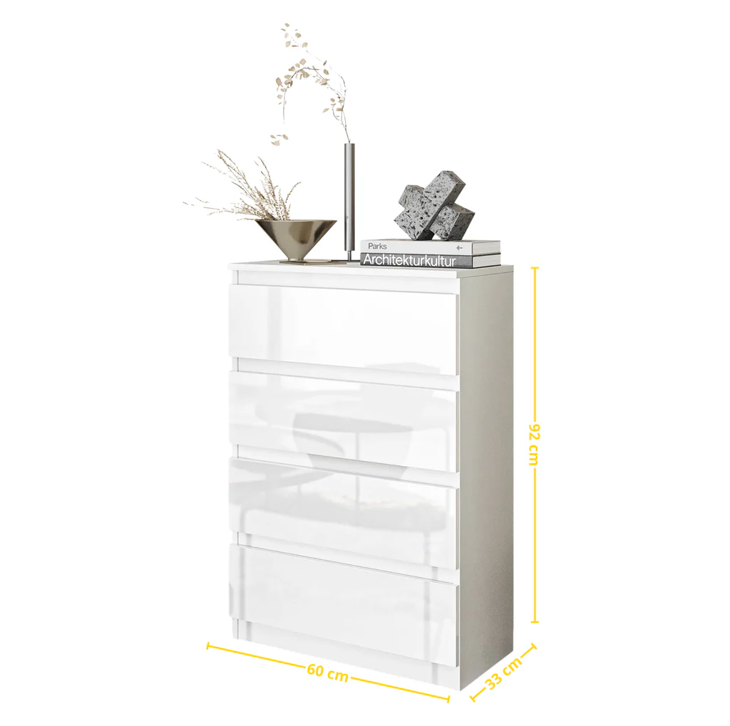 GABRIEL - Chest of 4 Drawers - Bedroom Dresser Storage Cabinet Sideboard - White Matt / White Gloss H92cm W60cm D33cm