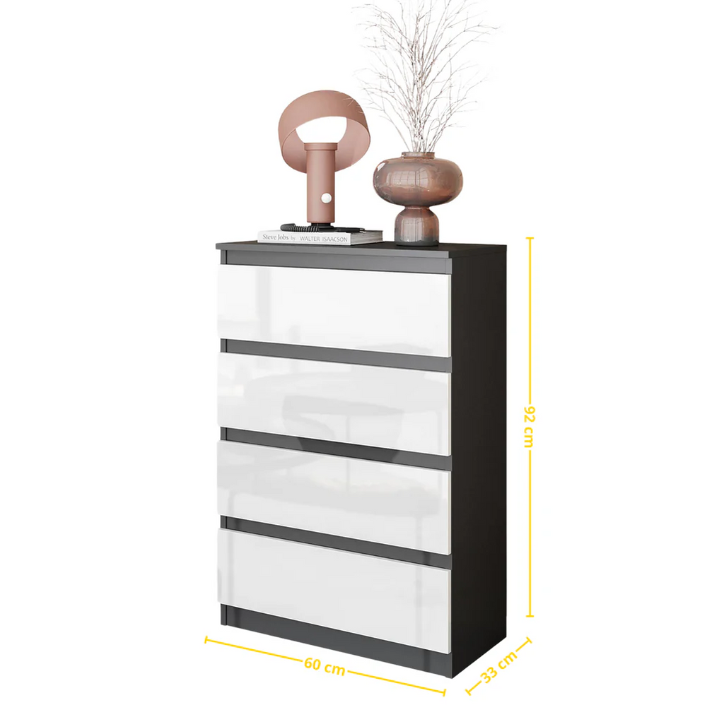 GABRIEL - Chest of 4 Drawers - Bedroom Dresser Storage Cabinet Sideboard - Anthracite / White Gloss H92cm W60cm D33cm