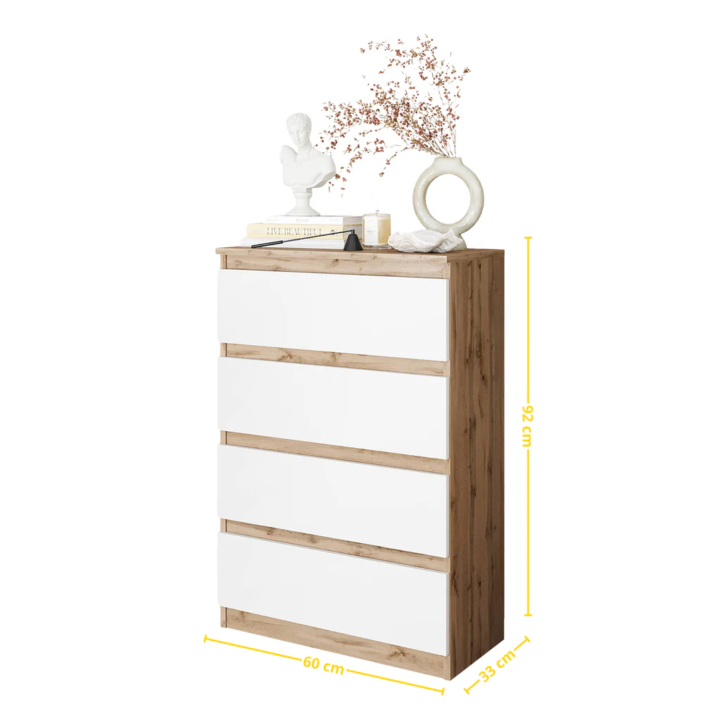 GABRIEL - Chest of 4 Drawers - Bedroom Dresser Storage Cabinet Sideboard - Wotan Oak / White Matt H92cm W60cm D33cm