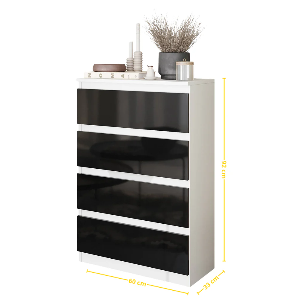 GABRIEL - Chest of 4 Drawers - Bedroom Dresser Storage Cabinet Sideboard - White Matt / Black Gloss H92cm W60cm D33cm