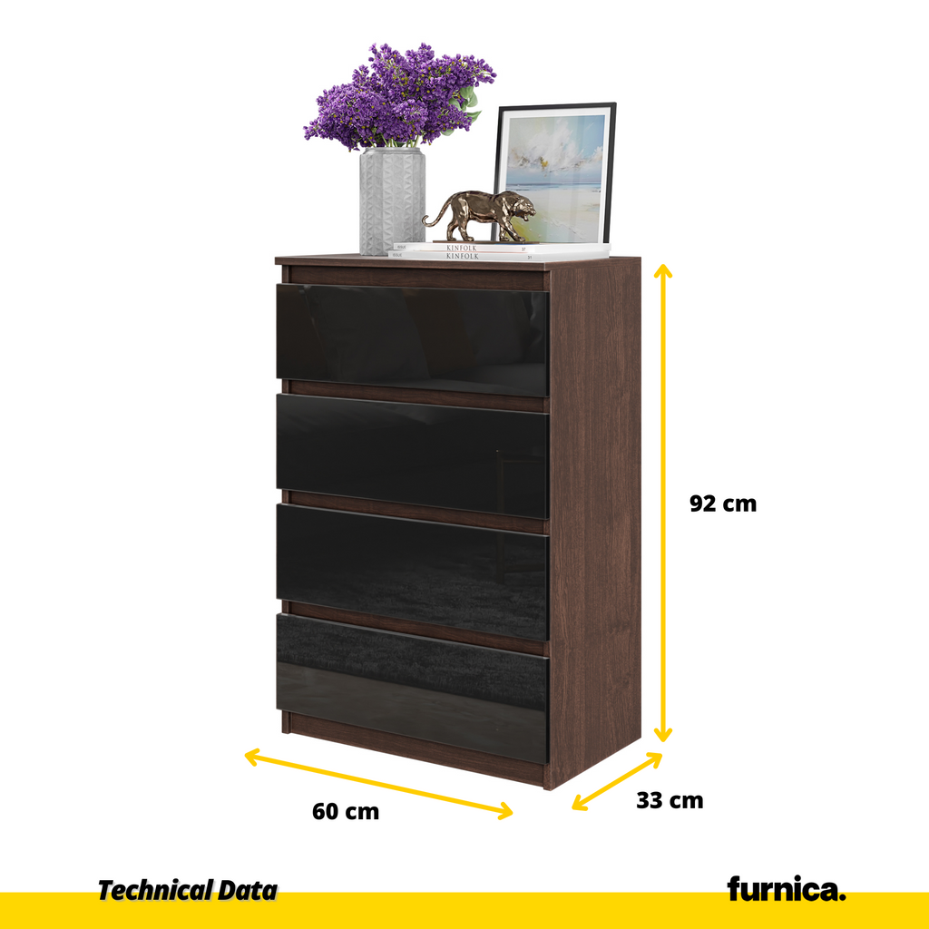 GABRIEL - Chest of 4 Drawers - Bedroom Dresser Storage Cabinet Sideboard - Wenge / Black Gloss H92cm W60cm D33cm