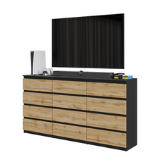GABRIEL - Chest of 12 Drawers (8+4) - Bedroom Dresser Storage Cabinet Sideboard - Black Matt / Wotan Oak H92cm W180cm D33cm