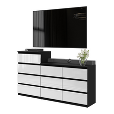 GABRIEL - Chest of 10 Drawers (6+4) - Bedroom Dresser Storage Cabinet Sideboard - Black Matt / White Gloss H92/70cm W160cm D33cm