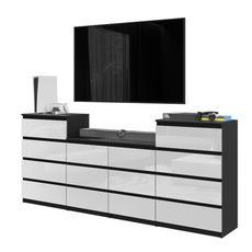 GABRIEL - Chest of 14 Drawers (4+6+4) - Bedroom Dresser Storage Cabinet Sideboard - Black Matt / White Gloss H92cm W220cm D33cm