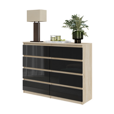 GABRIEL - Chest of 8 Drawers - Bedroom Dresser Storage Cabinet Sideboard - Sonoma Oak / Black Gloss H92cm W120cm D33cm