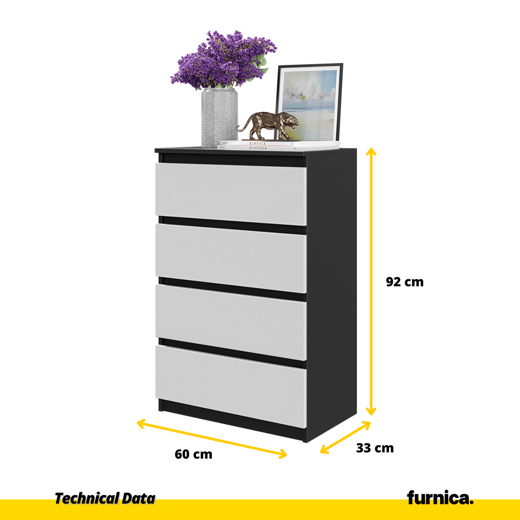 GABRIEL - Chest of 4 Drawers - Bedroom Dresser Storage Cabinet Sideboard - Black Matt / White Matt H92cm W60cm D33cm