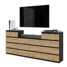 GABRIEL - Chest of 14 Drawers (4+6+4) - Bedroom Dresser Storage Cabinet Sideboard - Black Matt / Wotan Oak H92cm W220cm D33cm