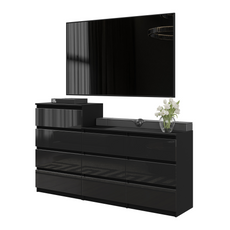 GABRIEL - Chest of 10 Drawers (6+4) - Bedroom Dresser Storage Cabinet Sideboard - Black Matt / Black Gloss H92/70cm W160cm D33cm