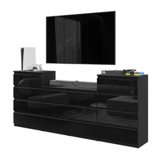GABRIEL - Chest of 14 Drawers (4+6+4) - Bedroom Dresser Storage Cabinet Sideboard - Black Matt / Black Gloss H92cm W220cm D33cm
