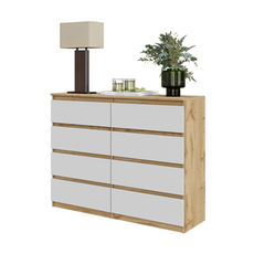 GABRIEL - Chest of 8 Drawers - Bedroom Dresser Storage Cabinet Sideboard - Wotan Oak / White Matt H92cm W120cm D33cm
