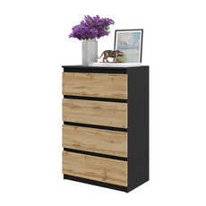 GABRIEL - Chest of 4 Drawers - Bedroom Dresser Storage Cabinet Sideboard - Black Matt / Wotan Oak H92cm W60cm D33cm