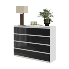 GABRIEL - Chest of 8 Drawers - Bedroom Dresser Storage Cabinet Sideboard - White Matt / Black Gloss H92cm W120cm D33cm