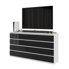 GABRIEL - Chest of 12 Drawers (8+4) - Bedroom Dresser Storage Cabinet Sideboard - White Matt / Black Gloss H92cm W180cm D33cm