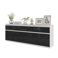 NOAH - Chest of 5 Drawers and 5 Doors - Bedroom Dresser Storage Cabinet Sideboard - White Matt / Black Gloss  H75cm W200cm D35cm