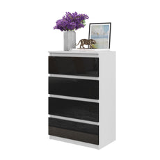 GABRIEL - Chest of 4 Drawers - Bedroom Dresser Storage Cabinet Sideboard - White Matt / Black Gloss H92cm W60cm D33cm