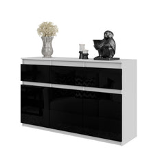 NOAH - Chest of 3 Drawers and 3 Door - Bedroom Dresser Storage Cabinet Sideboard - White Matt / Black Gloss H75cm W120cm D35cm