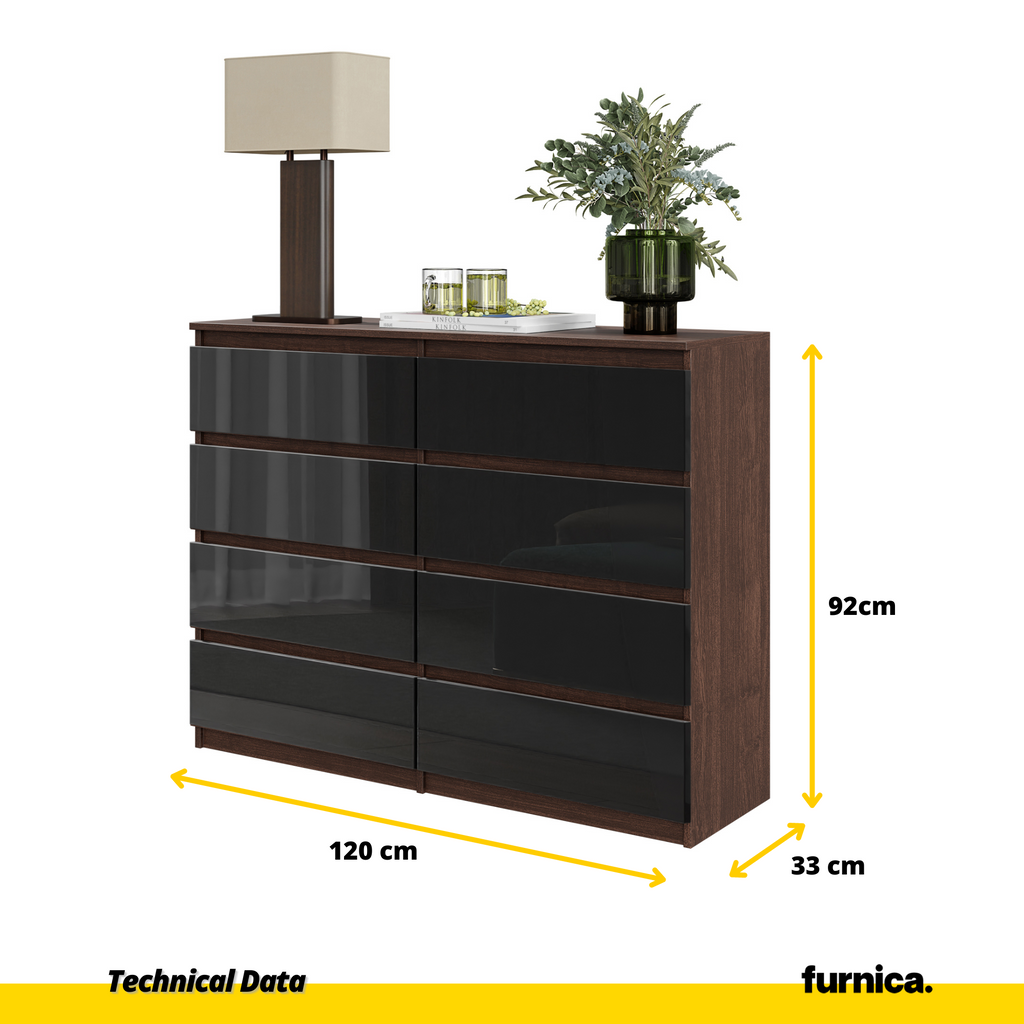 GABRIEL - Chest of 8 Drawers - Bedroom Dresser Storage Cabinet Sideboard - Wenge / Black Gloss H92cm W120cm D33cm