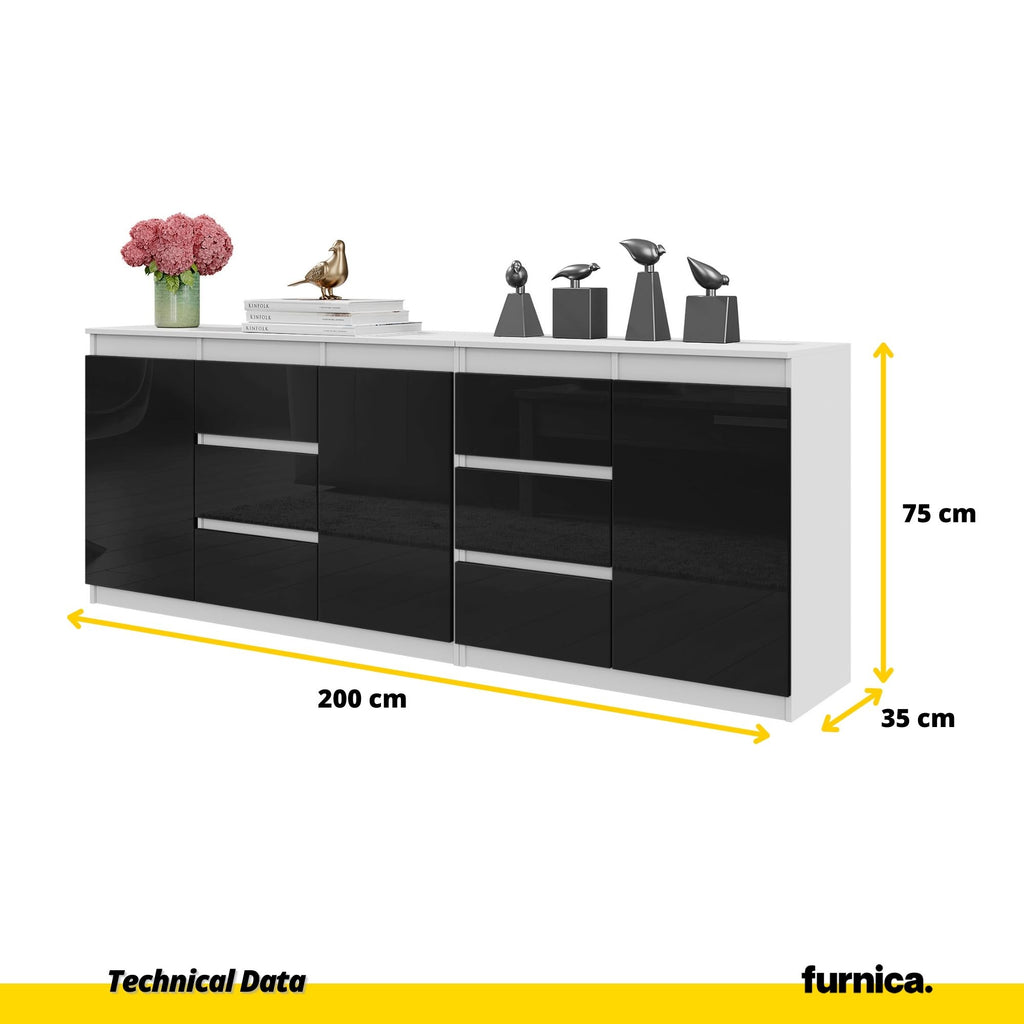 MIKEL - Chest of 6 Drawers and 3 Doors - Bedroom Dresser Storage Cabinet Sideboard - White Matt / Black Gloss  H75cm W200cm D35cm