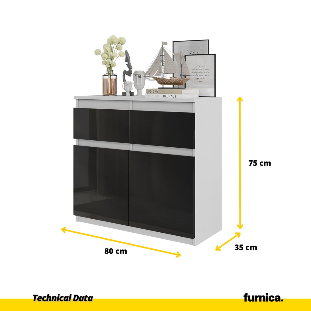 NOAH - Chest of 2 Drawers and 2 Doors - Bedroom Dresser Storage Cabinet Sideboard - White Matt / Black Gloss H75cm W80cm D35cm
