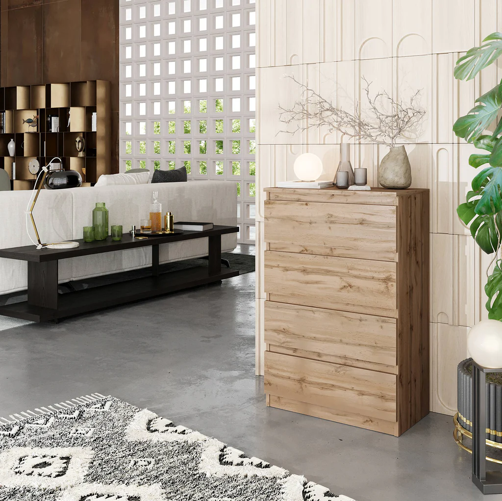 GABRIEL - Chest of 4 Drawers - Bedroom Dresser Storage Cabinet Sideboard - Wotan Oak H92cm W60cm D33cm