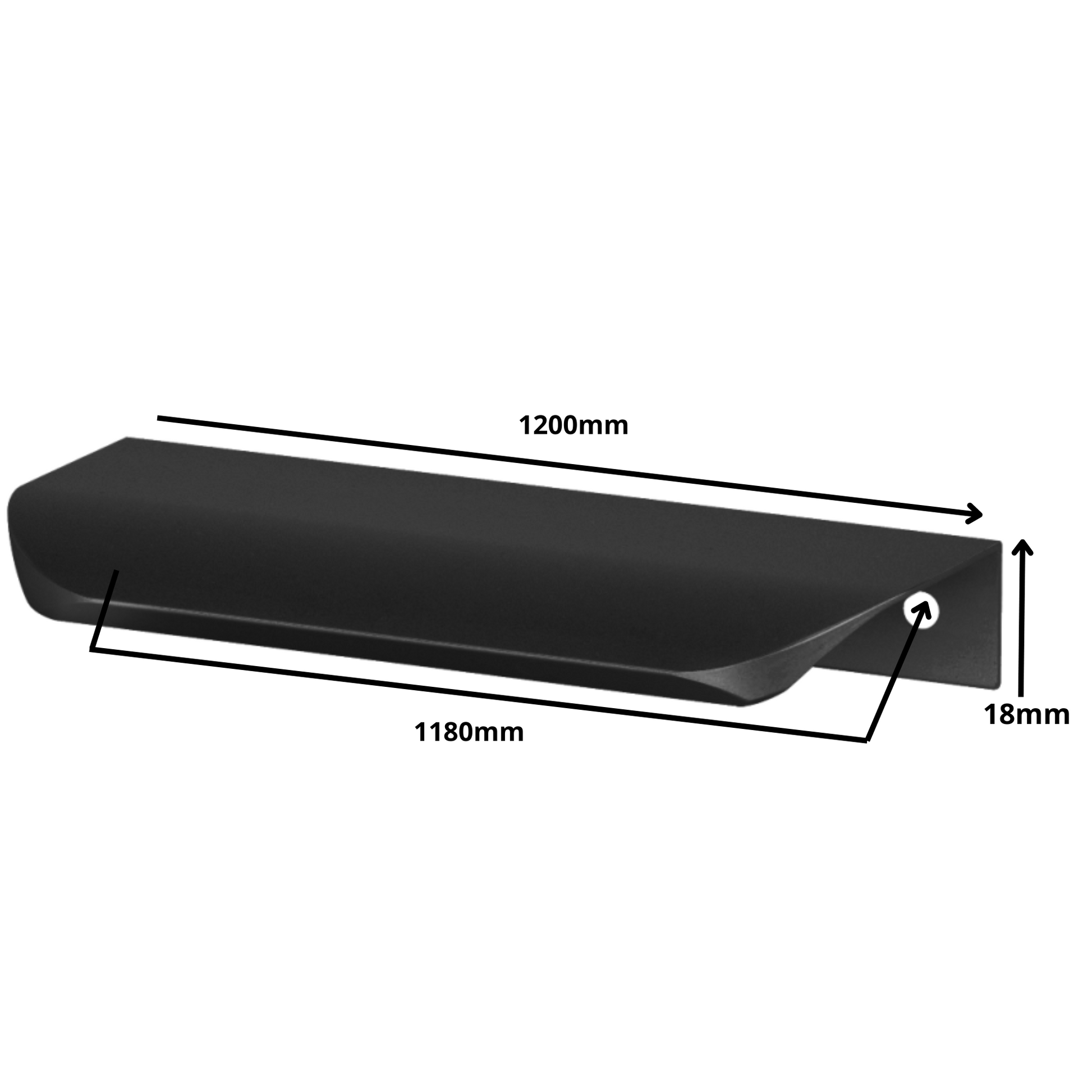 Round Profile Edge Handle 1180 mm (1200 mm Overall) - Matt Black