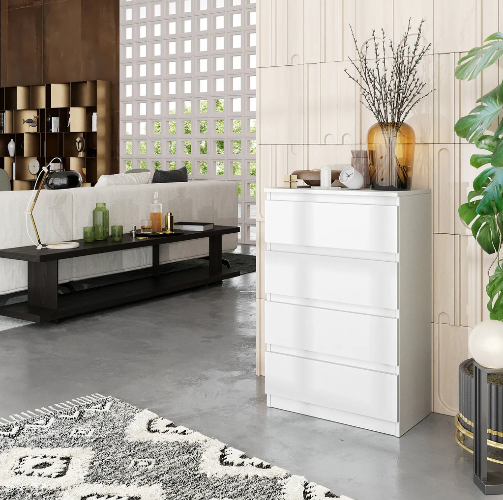 GABRIEL - Chest of 4 Drawers - Bedroom Dresser Storage Cabinet Sideboard - White Matt H92cm W60cm D33cm