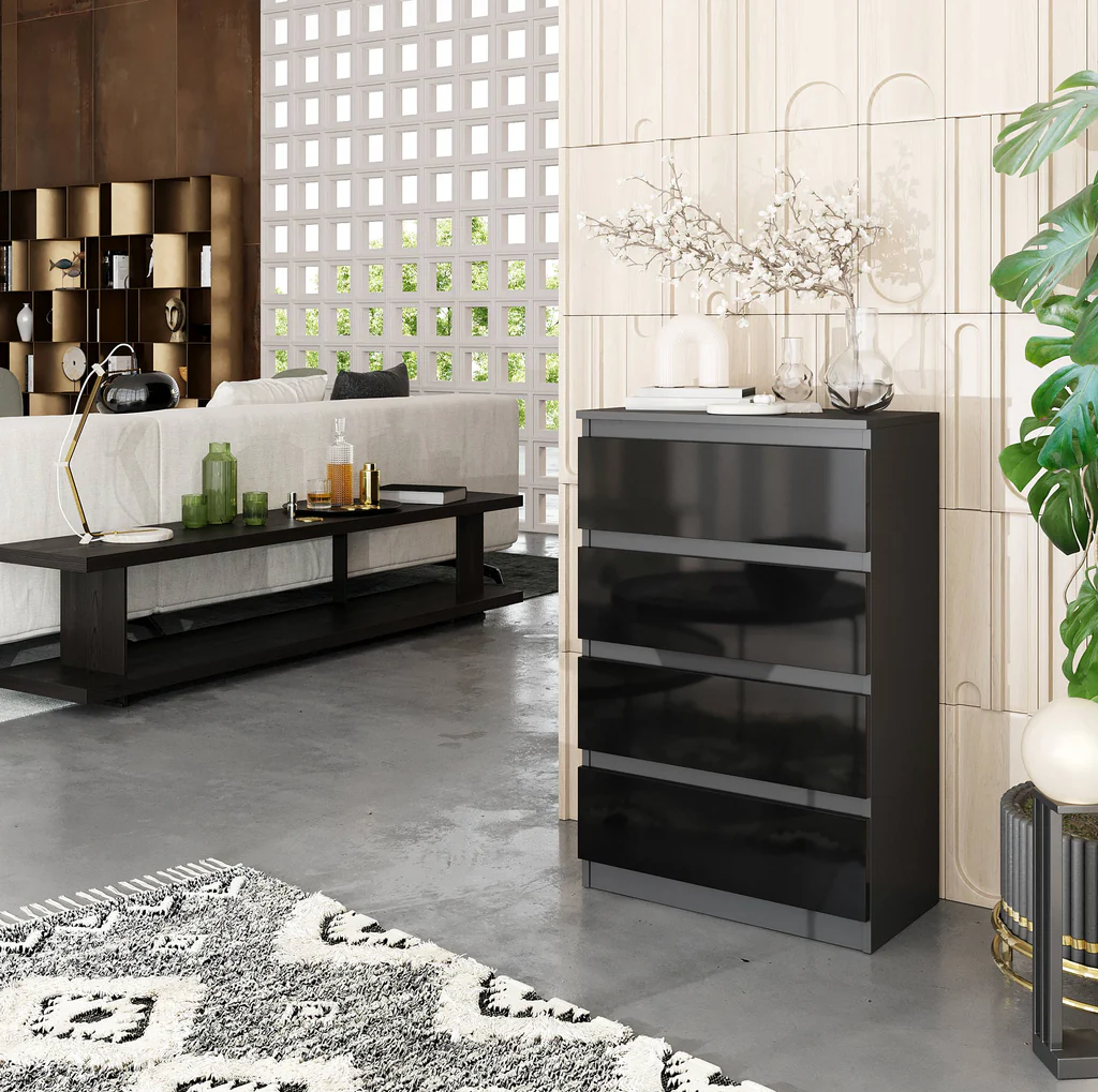 GABRIEL - Chest of 4 Drawers - Bedroom Dresser Storage Cabinet Sideboard - Anthracite / Black Gloss H92cm W60cm D33cm