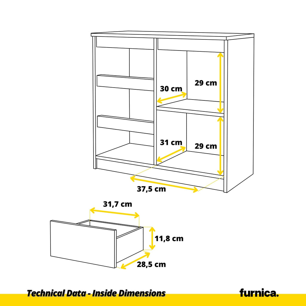 MIKEL - Chest of 3 Drawers and 1 Door - Bedroom Dresser Storage Cabinet Sideboard - Sonoma Oak / Black Gloss H75cm W80cm D35cm
