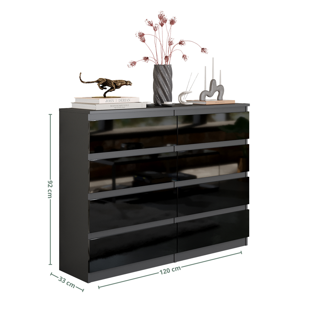 GABRIEL - Chest of 8 Drawers - Bedroom Dresser Storage Cabinet Sideboard - Anthracite / Black Gloss H92cm W120cm D33cm