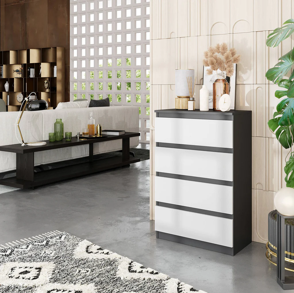 GABRIEL - Chest of 4 Drawers - Bedroom Dresser Storage Cabinet Sideboard - Anthracite / White Matt H92cm W60cm D33cm