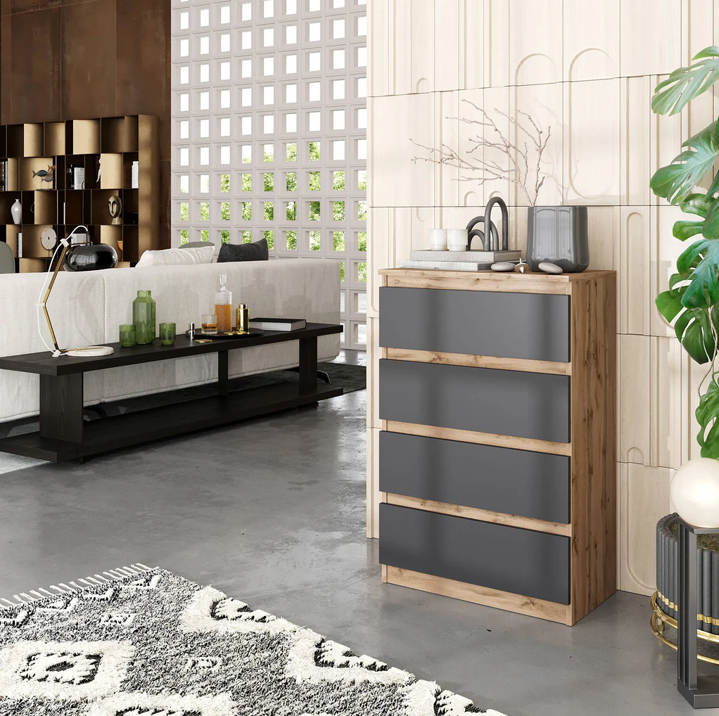 GABRIEL - Chest of 4 Drawers - Bedroom Dresser Storage Cabinet Sideboard - Wotan Oak / Anthracite H92cm W60cm D33cm