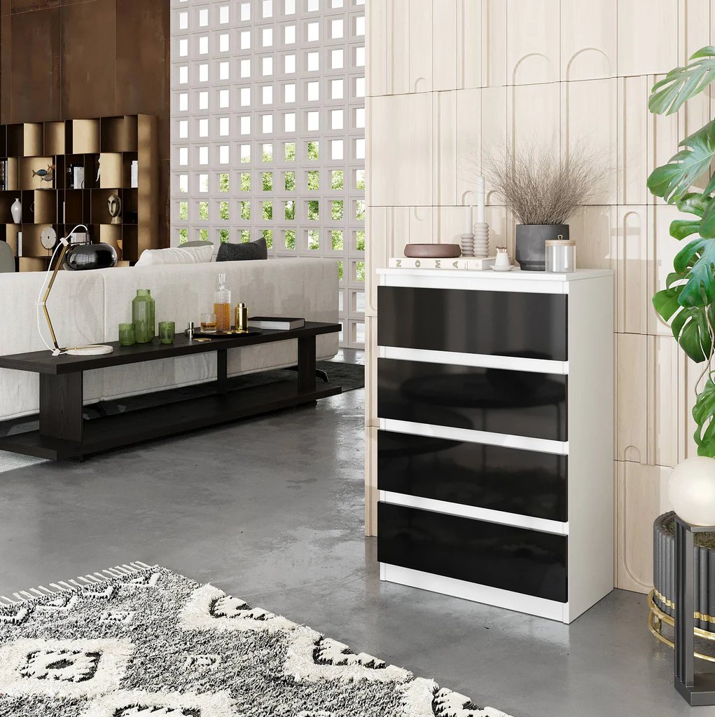 GABRIEL - Chest of 4 Drawers - Bedroom Dresser Storage Cabinet Sideboard - White Matt / Black Gloss H92cm W60cm D33cm