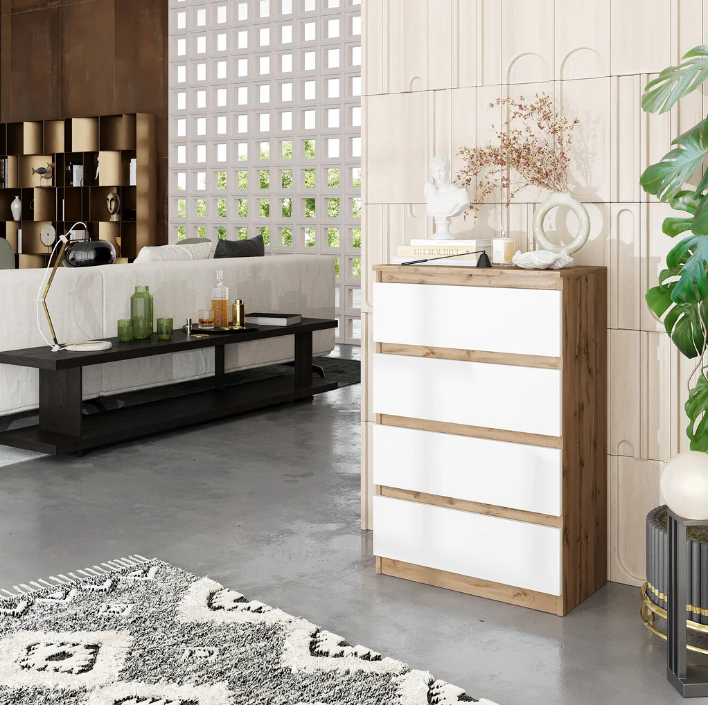 GABRIEL - Chest of 4 Drawers - Bedroom Dresser Storage Cabinet Sideboard - Wotan Oak / White Matt H92cm W60cm D33cm