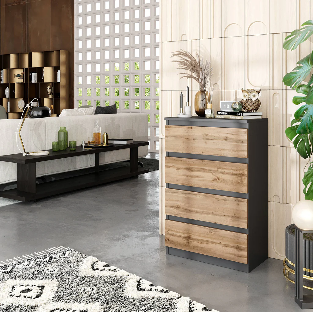 GABRIEL - Chest of 4 Drawers - Bedroom Dresser Storage Cabinet Sideboard - Anthracite / Wotan Oak H92cm W60cm D33cm