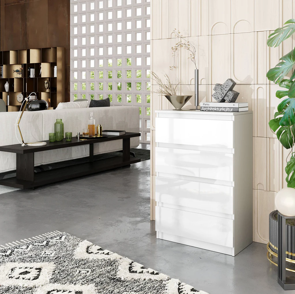 GABRIEL - Chest of 4 Drawers - Bedroom Dresser Storage Cabinet Sideboard - White Matt / White Gloss H92cm W60cm D33cm