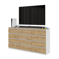 GABRIEL - Chest of 12 Drawers (8+4) - Bedroom Dresser Storage Cabinet Sideboard - White Matt / Wotan Oak H92cm W180cm D33cm