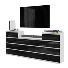 GABRIEL - Chest of 14 Drawers (4+6+4) - Bedroom Dresser Storage Cabinet Sideboard - White Matt / Black Gloss H92cm W220cm D33cm
