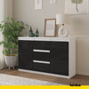 MIKEL - Chest of 3 Drawers and 2 Doors - Bedroom Dresser Storage Cabinet Sideboard - White Matt / Black Gloss H75cm W120cm D35cm
