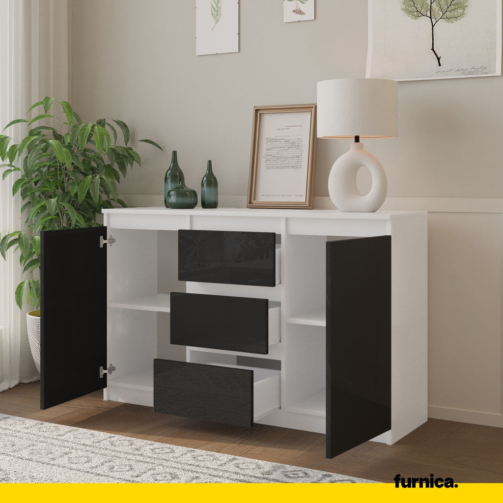 MIKEL - Chest of 3 Drawers and 2 Doors - Bedroom Dresser Storage Cabinet Sideboard - White Matt / Black Gloss H75cm W120cm D35cm