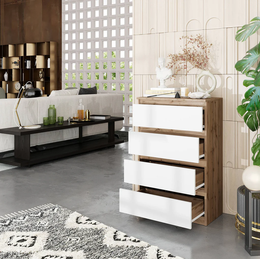 GABRIEL - Chest of 4 Drawers - Bedroom Dresser Storage Cabinet Sideboard - Wotan Oak / White Matt H92cm W60cm D33cm