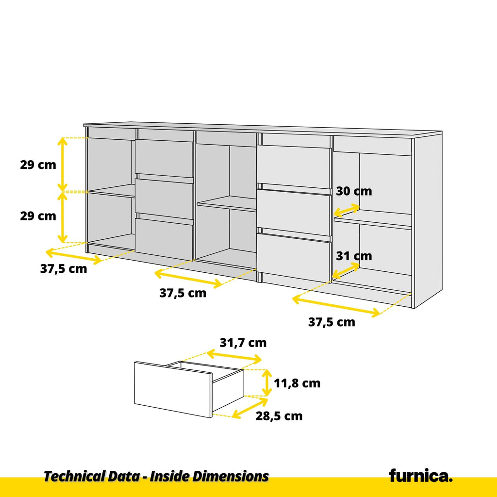 MIKEL - Chest of 6 Drawers and 3 Doors - Bedroom Dresser Storage Cabinet Sideboard - White Matt/Wotan Oak  H75cm W200cm D35cm