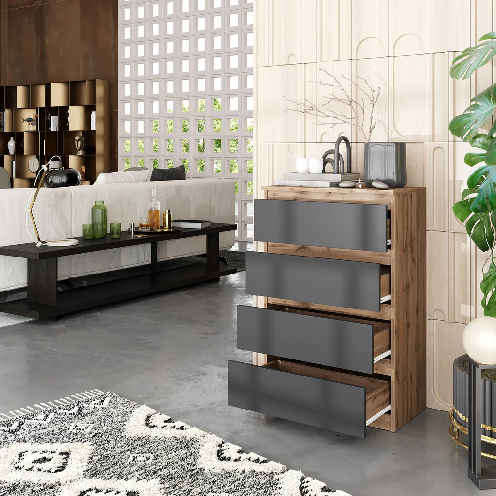 GABRIEL - Chest of 4 Drawers - Bedroom Dresser Storage Cabinet Sideboard - Wotan Oak / Anthracite H92cm W60cm D33cm