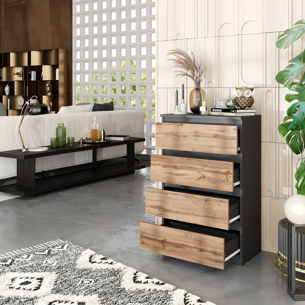 GABRIEL - Chest of 4 Drawers - Bedroom Dresser Storage Cabinet Sideboard - Anthracite / Wotan Oak H92cm W60cm D33cm